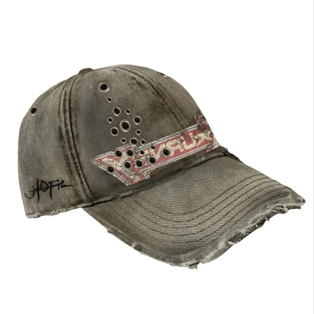 Vintage Distressed Olive Gray Cap with Metal Eyelet Detail