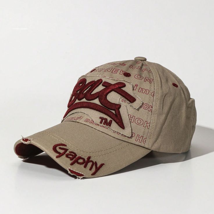Beige Distressed Embroidered Cap with Burgundy Lettering