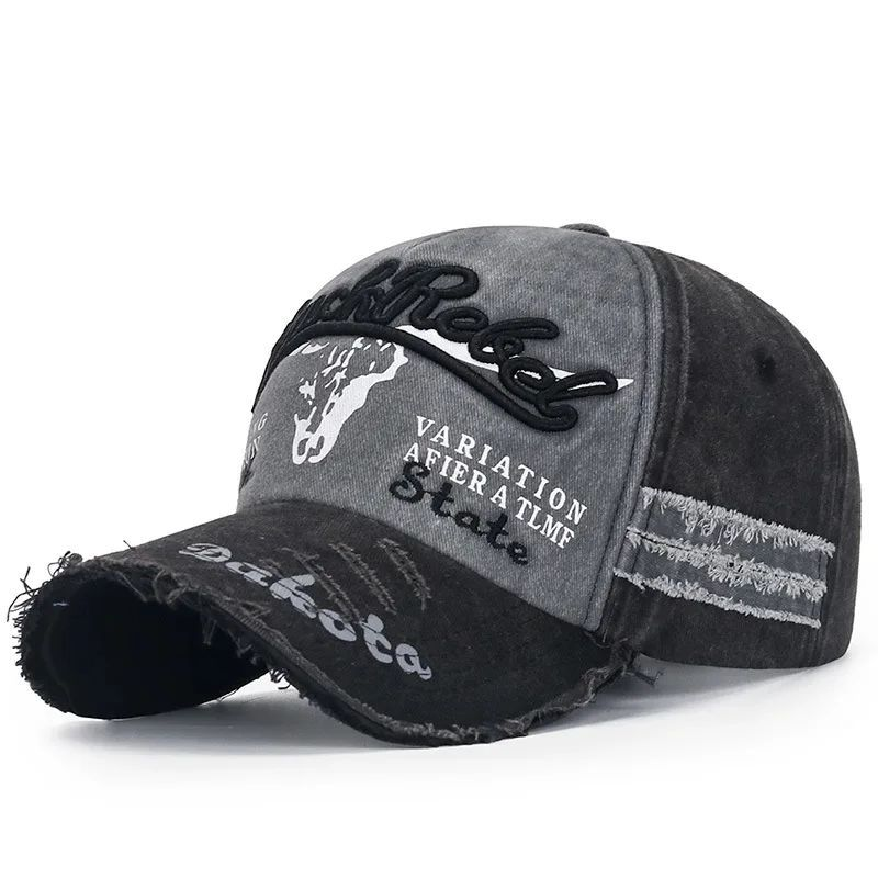 Distressed Washed Gray & Black Embroidered Cap