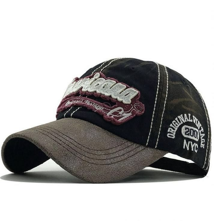 Distressed Black & Brown Embroidered Cap with Contrast Stitching